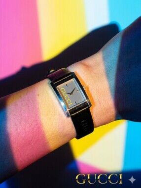 Vintage Gucci Tank Watch - Silver/Grey Dial - Black Genuine Leather Yellow Font